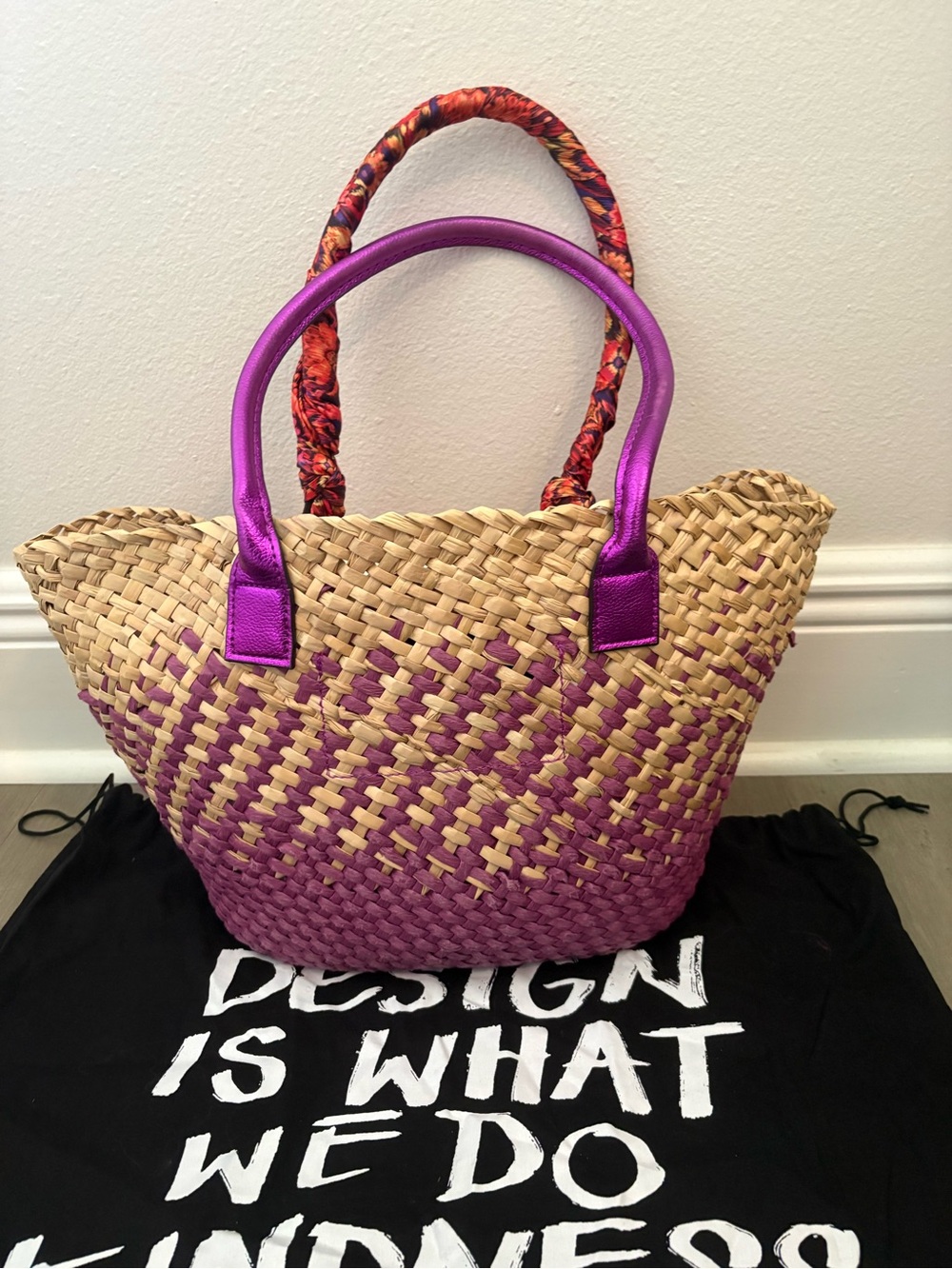 Kurt Geiger Purple-Trim Straw Tote with Floral Scarf Handles - Picture 6 of 7